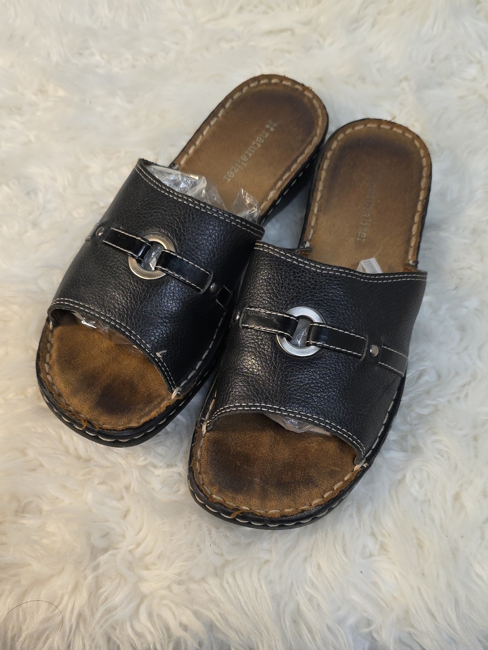 NATURALIZER Black Slide Sandals with Silver Buckle Detail
